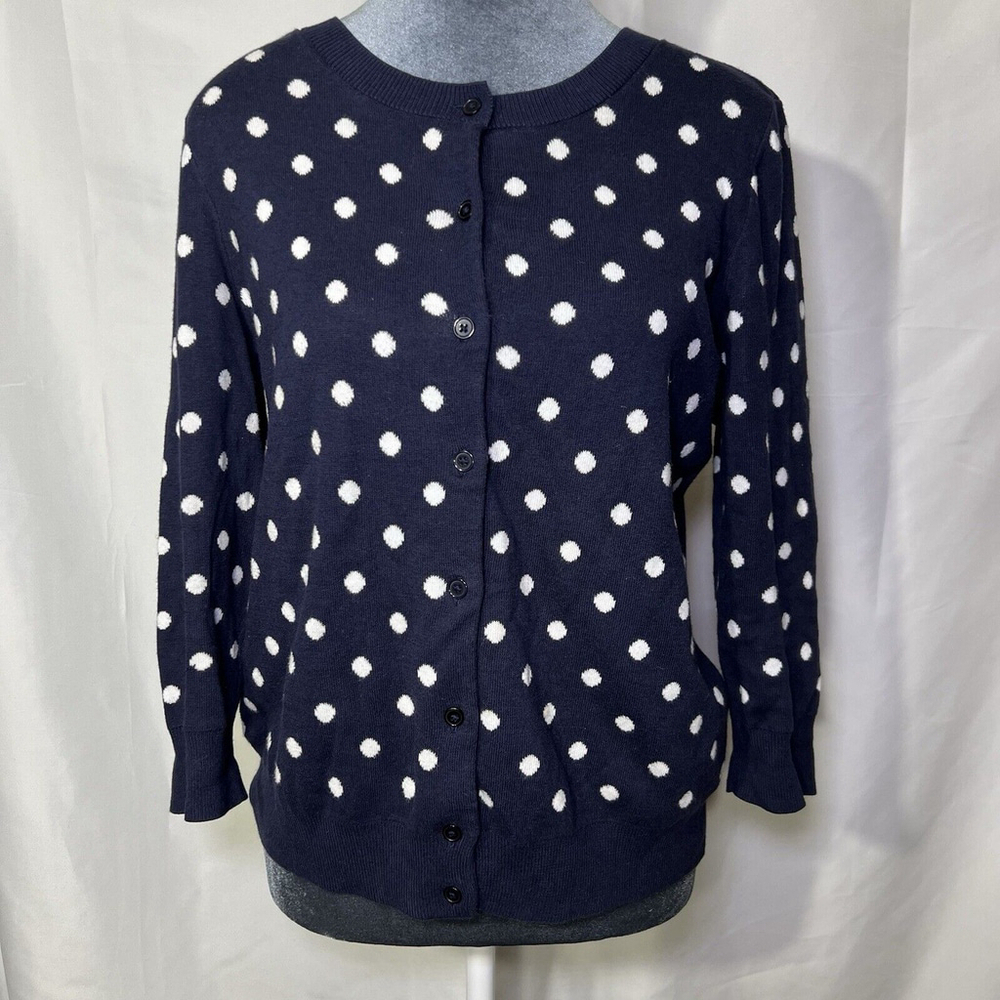 Talbots Petites Blue Button Front 3/4 Sleeve Polka Dot Knit Cardigan Sweater M - Picture 1 of 11